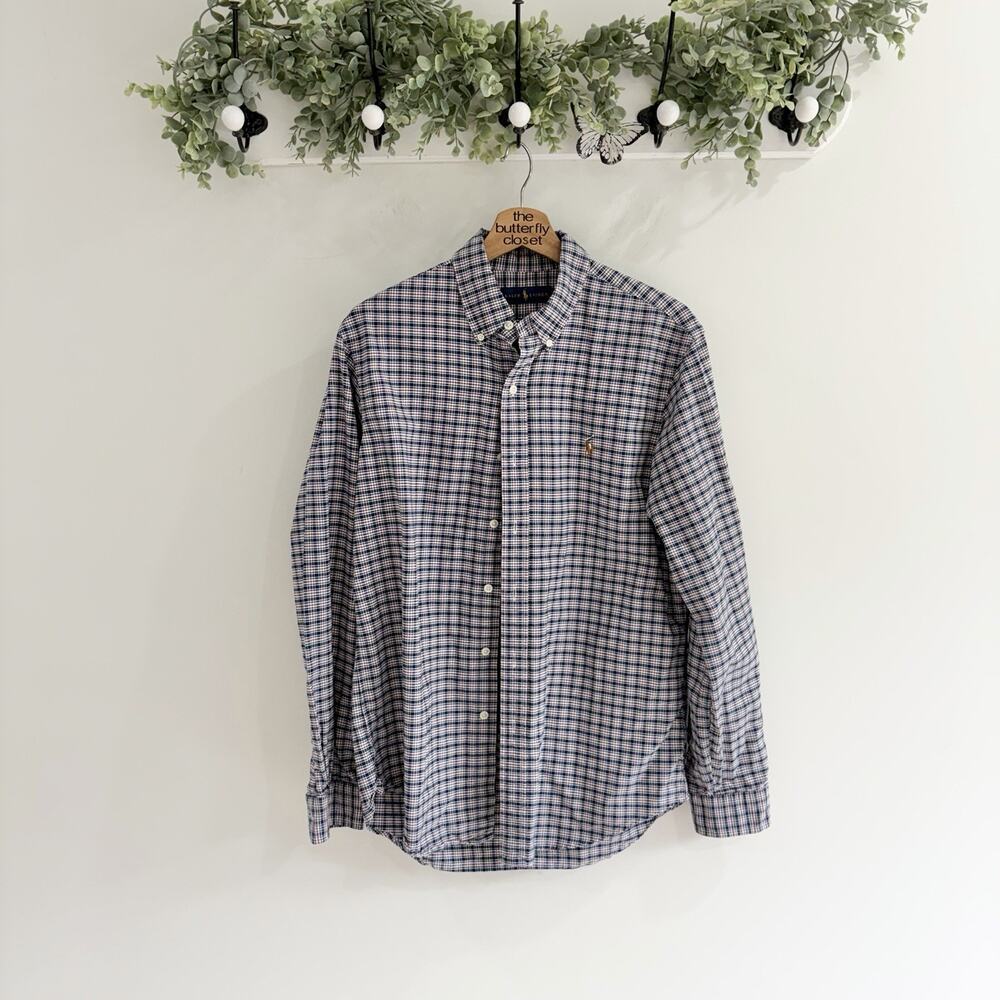 Men's Ralph Lauren Blue And White Plaid Long Sleeve Button Down logo crescent M